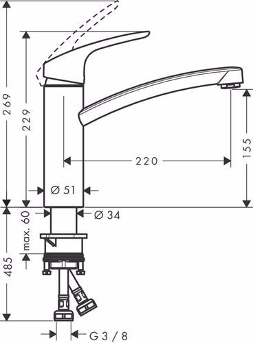 Technische Zeichnung 4013932 Hansgrohe ééngreeps keukenmengkraan 160 FOCUS DN 15 chroom