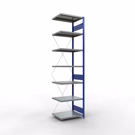 Aanbouwrekken, rekken, insteeksysteem MULTIplus250, 3000 x 750 x 600 mm (HxBxD), 7 legborden, kruisschoor, RAL 5010 gentiaanblauw/verzinkt/verzinkt, aanbouwplank, art.nr. 12967-75-B