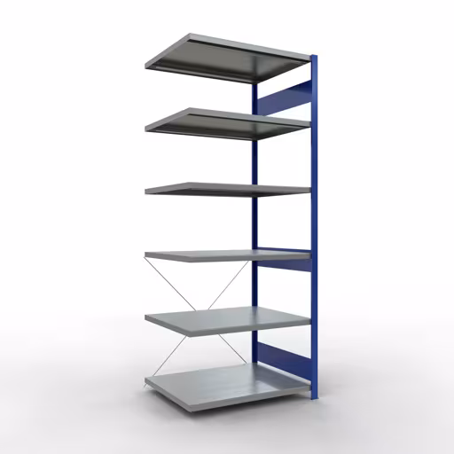 Aanbouwrekken, rekken, insteeksysteem MULTIplus250, 2500 x 1000 x 800 mm (HxBxD), 6 legborden, kruisschoor, RAL 5010 gentiaanblauw/verzinkt, aanbouwplank, art.nr. 12986-B