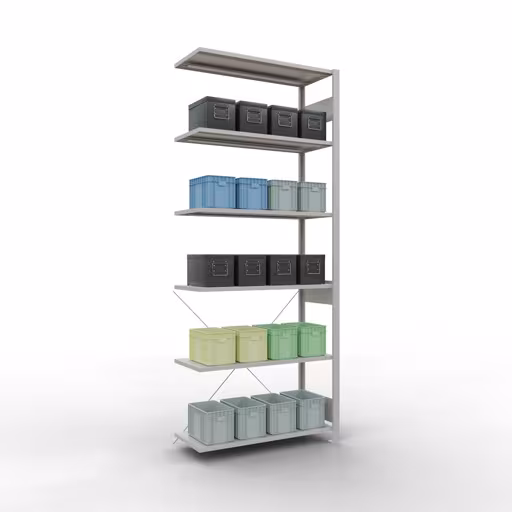 Productafbeelding nr. 14 van het artikel Aanbouwrekken, legbordstellingen, insteeksysteem MULTIplus85, 2500 x 1000 x 400 mm (HxBxD), 6 legborden, kruisschoor, RAL 7035 lichtgrijs Afbeelding nr. 14 van het artikel aanbouwrekken, legbordstellingen, insteeksysteem MULTIplus85, 2500 x 1000 x 400 mm, 6 legborden, RAL 7035 lichtgrijs uit de productgroep insteeksysteem van het merk Schulte Lagertechnik