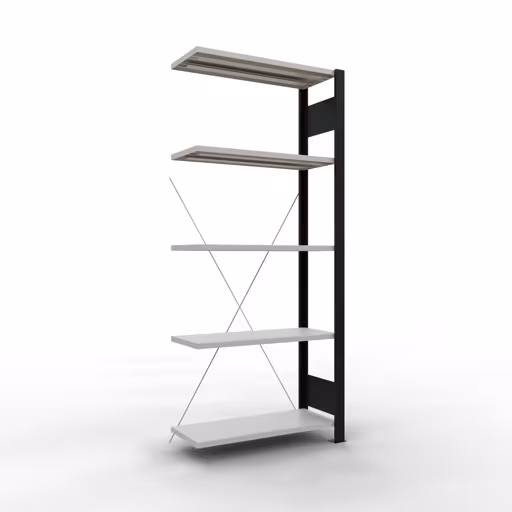 Aanbouwstelling, kantoorstelling, insteeksysteem MULTIplus85, 1800 x 750 x 300 mm (HxBxD), 5 legborden, kruisschoor, zonder aanslaglijst, zwart/lichtgrijs, insteeksysteem, art.nr. 36021-S