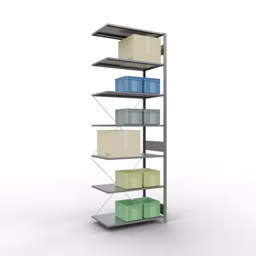 Productafbeelding nr. 15 van het artikel Aanbouwrekken, legbordstellingen, insteeksysteem MULTIplus85, 3000 x 1000 x 600 mm (HxBxD), 7 legborden, kruisschoor, verzinkt Figuur nr. 15 van het artikel aanbouwrekken, legbordstellingen, insteeksysteem MULTIplus85, 3000 x 1000 x 600 mm, 7 legborden, verzinkt uit de productgroep insteeksysteem van het merk Schulte Lagertechnik.