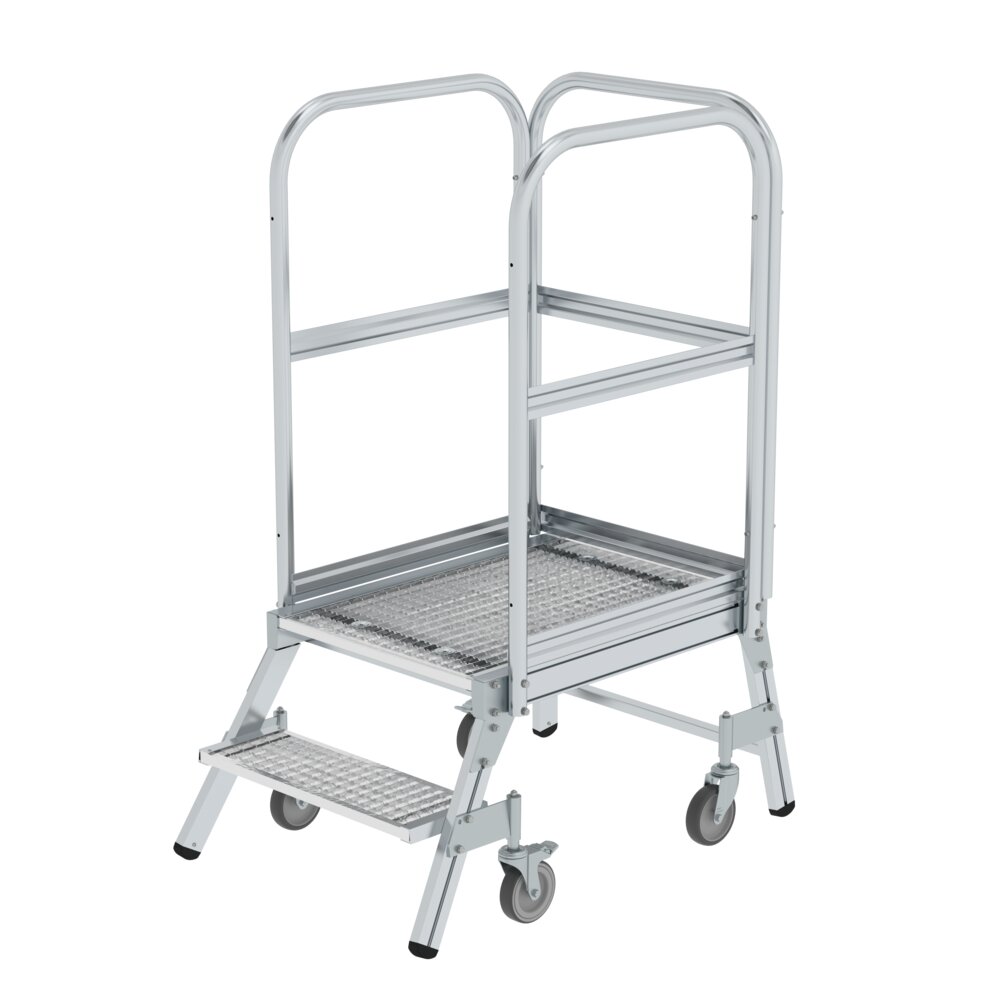 Munk platformtrap, toegankelijk vanaf één zijde, met veerrollen, stalen rooster, 2 treden, van Günzburger Steigtechnik Munk platformtrap, toegankelijk vanaf één zijde, met veerrollen en stalen rooster, uit de categorie platformtrappen, artikelnummer 051102.