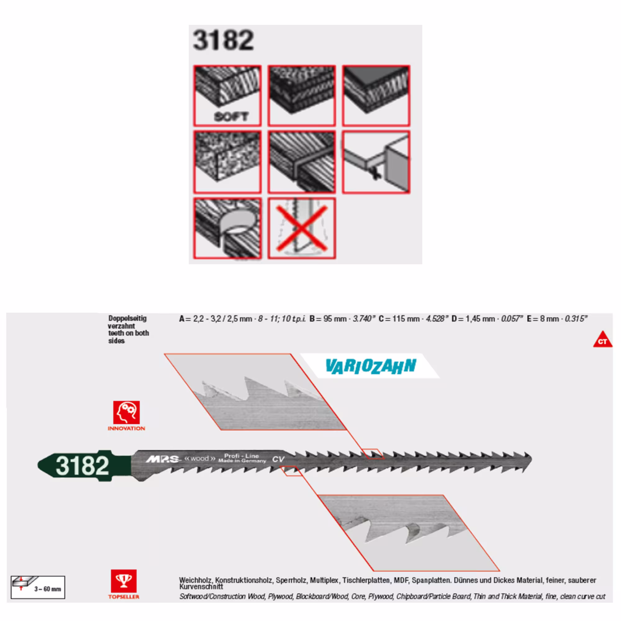 CV-decoupeerzaagblad geslepen, aan beide zijden conisch vertand, voor extreme bochtsneden totale lengte 115/vertande lengte 95 mm met de GTIN 4028655318215 CV-decoupeerzaagblad geslepen, aan beide zijden conisch vertand, voor extreme bochtsneden totale lengte 115/vertande lengte 95 mm van MPS met art.nr. 3182-5