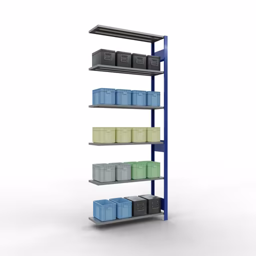 Productafbeelding nr. 15 van het artikel Aanbouwrekken, legbordstellingen, insteeksysteem MULTIplus85, 2500 x 1000 x 300 mm (HxBxD), 6 legborden, lengtestangen, RAL 5010 gentiaanblauw Figuur nr. 15 van het artikel aanbouwrekken, legbordstellingen, insteeksysteem MULTIplus85, 2500 x 1000 x 300 mm, 6 legborden, RAL 5010 gentiaanblauw uit de productgroep insteeksysteem van het merk Schulte Lagertechnik.