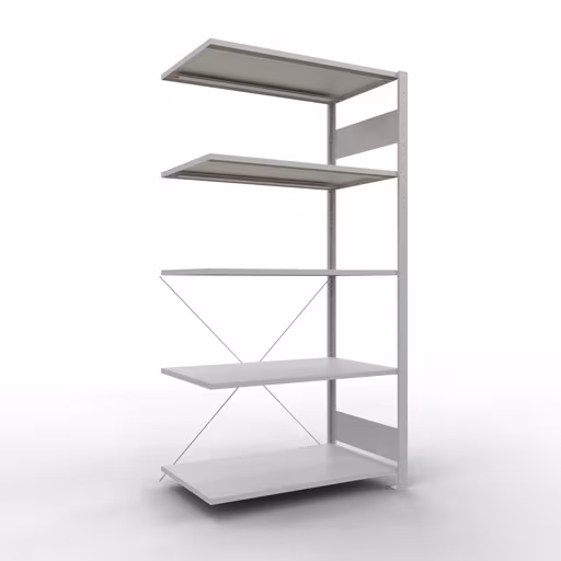 Aanbouwrekken, rekken, insteeksysteem MULTIplus85, 2000 x 1000 x 600 mm (HxBxD), 5 planken, kruisschoor, RAL 7035 lichtgrijs van Schulte Lagertechnik Aanbouwrekken, legborden, insteeksysteem MULTIplus85, 2000 x 1000 x 600 mm (HxBxD), 5 legborden, kruisschoor, RAL 7035 lichtgrijs, aanbouwplank, art.nr. 33065