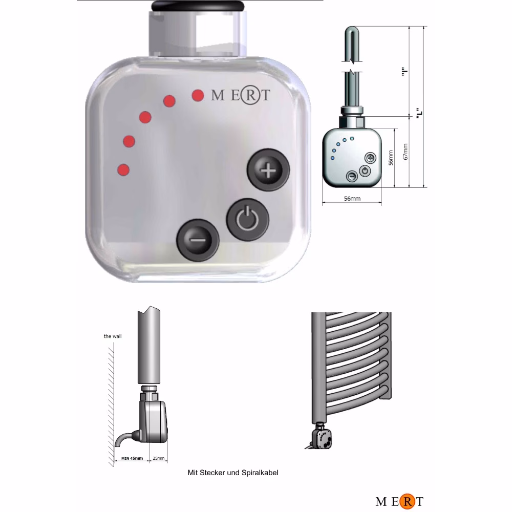 Ohne Text 3966211 MERT elektrische badkamer radiator, verchroomd, recht, 600x1200 mm met MERT KMX1 regelaar met 400 watt verwarmingselement