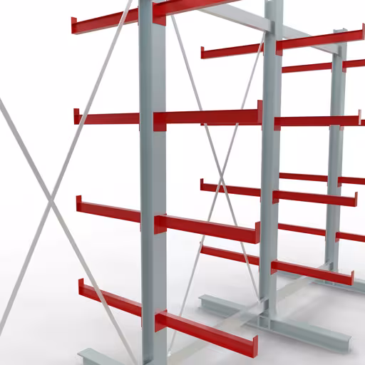 Productafbeelding nr. 12 van artikel K 3000 complete plank, dubbelzijdig, 2500 x 3900 x 600 mm, RAL 7001 / RAL 3000, 5 opslagniveaus Figuur nr. 12 van artikel K 3000 complete stelling, dubbelzijdig, 2500 x 3900 x 600 mm, RAL 7001 / RAL 3000, 5 opslagniveaus uit de productgroep draagarmstellingen van Schulte Lagertechnik