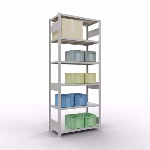 Basisplank, legplank, insteeksysteem MULTIplus330, 2500 x 1000 x 500 mm (HxBxD), 6 legborden, lengtestangen, RAL 7035 lichtgrijs uit de categorie basisplanken met de GTIN 4004514296597 Basisplank, legbord, insteeksysteem MULTIplus330, 2500 x 1000 x 500 mm, 6 legborden, lengtestangen, RAL 7035 lichtgrijs van Schulte Lagertechnik uit het assortiment insteeksysteem