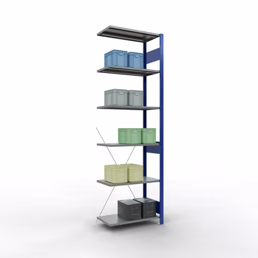 Aanbouwrekken, rekken, insteeksysteem MULTIplus150, 2500 x 750 x 400 mm (HxBxD), 6 legborden, kruisschoor, RAL 5010 gentiaanblauw/verzinkt/verzinkt uit de categorie aanbouwrekken met GTIN 4004514251367 Aanbouwrekken, rekken, insteeksysteem MULTIplus150, 2500 x 750 x 400 mm, 6 legborden, kruisschoor, RAL 5010 gentiaanblauw/verzinkt/verzinkt van Schulte Lagertechnik uit het assortiment insteeksysteem