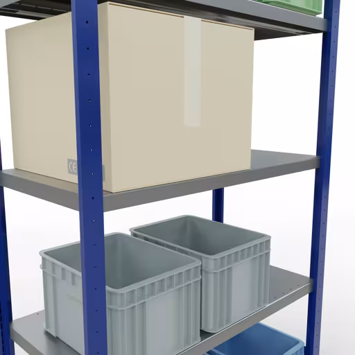 Productafbeelding nr. 14 van het artikel basisplank, legbord, insteeksysteem MULTIplus250, 2000 x 1000 x 500 mm (HxBxD), 5 legborden, lengtestangen, RAL 5010 gentiaanblauw/verzinkt Figuur nr. 14 van het artikel basisrek, legplank, insteeksysteem MULTIplus250, 2000 x 1000 x 500 mm, 5 legborden, lengtestangen, RAL 5010 gentiaanblauw/verzinkt uit de insteeksysteem productgroep van Schulte Lagertechnik.