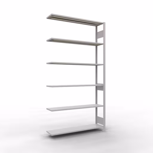 Extra afbeelding van het artikel Aanbouwstelling, legbordstelling, insteeksysteem MULTIplus150, 2500 x 1300 x 300 mm, 6 legborden, lengtestangen, RAL 7035 lichtgrijs van aanbouwstelling