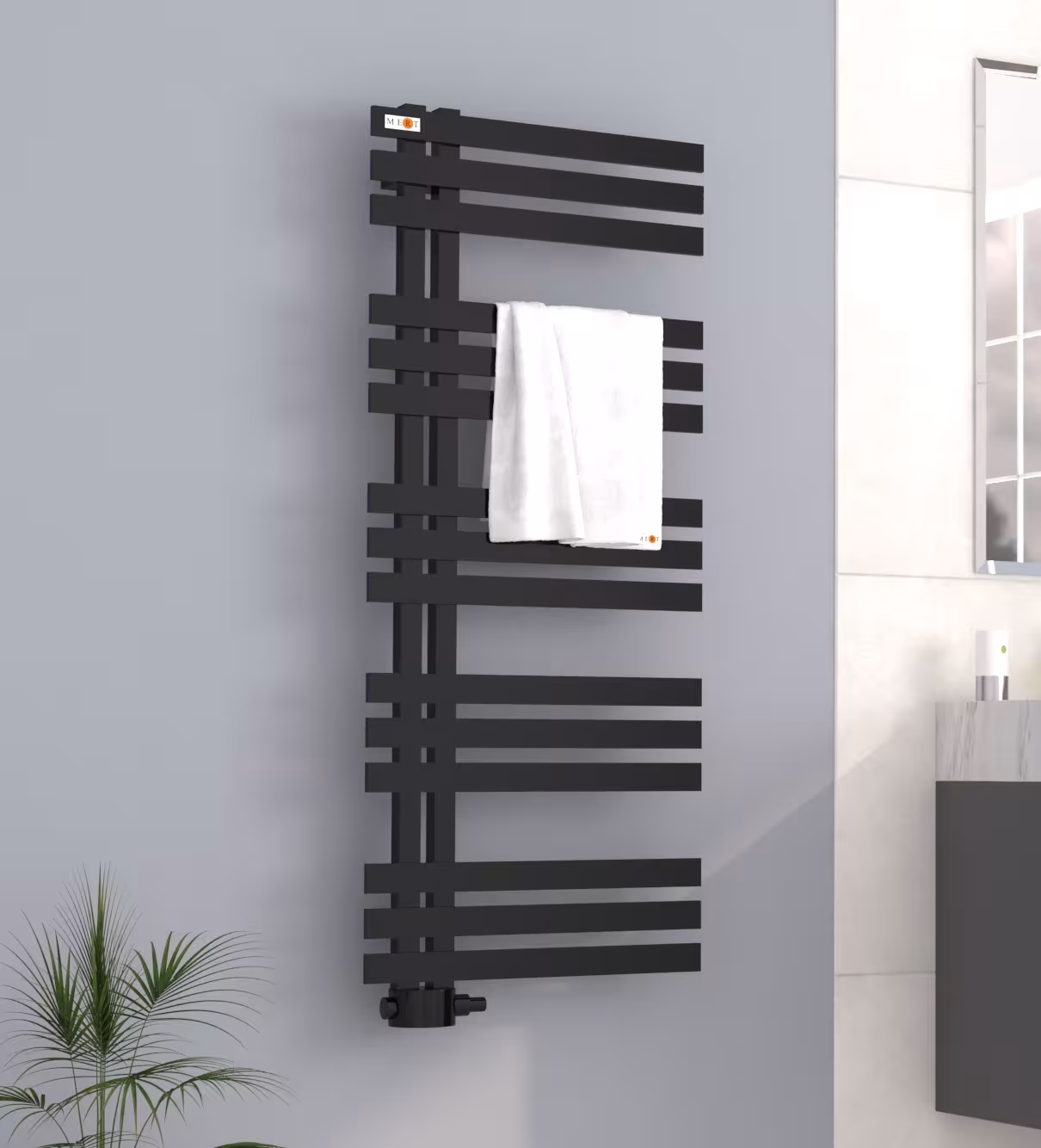 MERT Design badkamerradiator ELEN, gitzwart RAL 9005 matte structuur, 500*1200 mm uit de categorie badkamerradiator met de GTIN 4260289854589 Design badkamerradiator ELEN van het merk MERT uit de categorie badkamerradiator