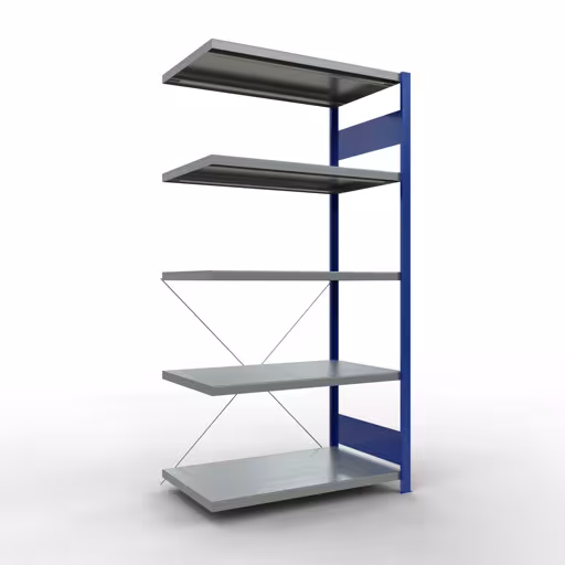 Aanbouwrekken, rekken, insteeksysteem MULTIplus330, 2000 x 1000 x 600 mm (HxBxD), 5 planken, kruisschoor, RAL 5010 gentiaanblauw/gegalvaniseerd van Schulte Lagertechnik Aanbouwrekken, rekken, insteeksysteem MULTIplus330, 2000 x 1000 x 600 mm (HxBxD), 5 legborden, kruisschoor, RAL 5010 gentiaanblauw/verzinkt, aanbouwplank, art.nr. 13965-B