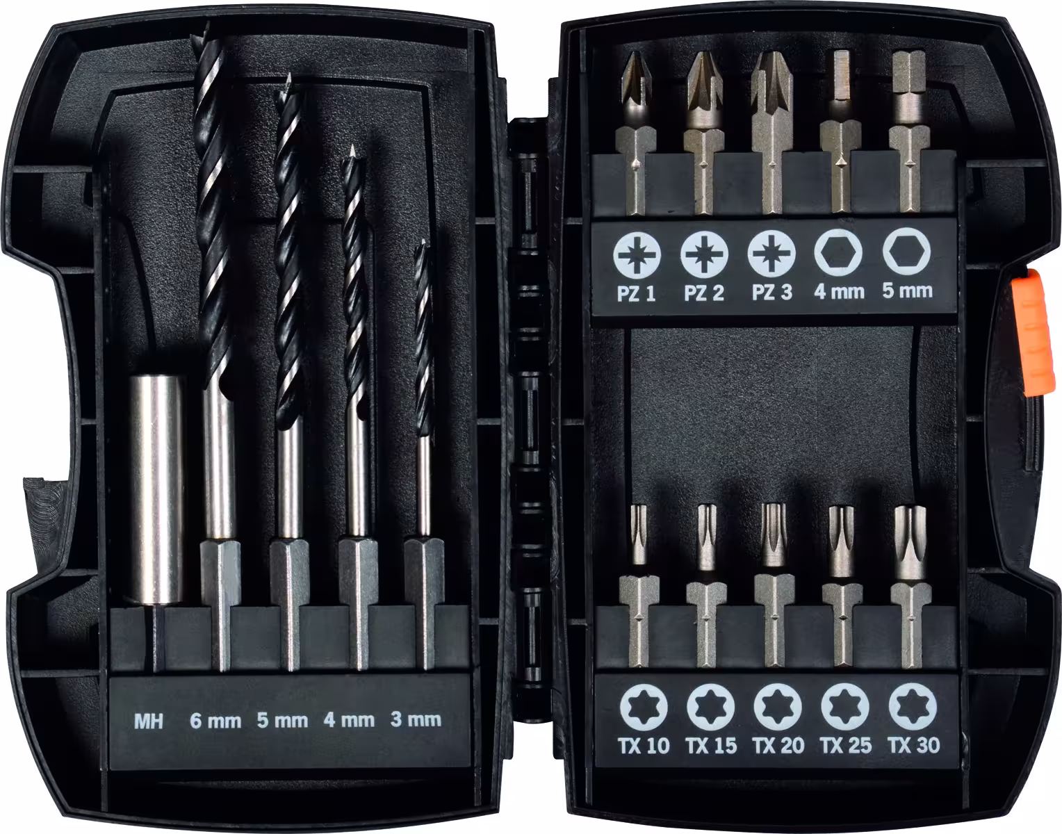 Extra afbeelding bij het artikel Borendoos 15 stuks. Houtboor met schacht E 6,3 Ø 3, 4, 5, 6 mm Bits: PZ, TX, Zeskant uit bits & bithouder