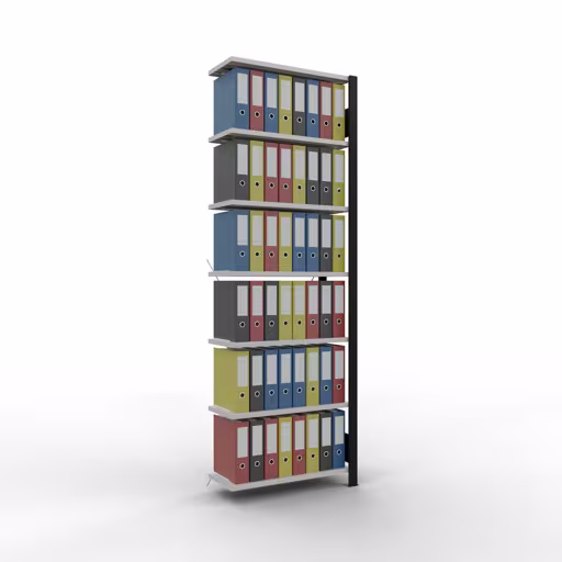 Aanbouwrek, kantoorrek, insteeksysteem MULTIplus85, 2300 x 750 x 300 mm, 7 legborden, kruisschoor, zonder aanslaglijst, zwart/lichtgrijs uit de categorie insteeksysteem met GTIN 4004514249791 Aanbouwrekken, kantoorrekken, insteeksysteem MULTIplus85, 2300 x 750 x 300 mm, 7 planken, dwarsschoor, zonder aanslaglijst, zwart/lichtgrijs van Schulte Lagertechnik uit het assortiment kantoorrekken