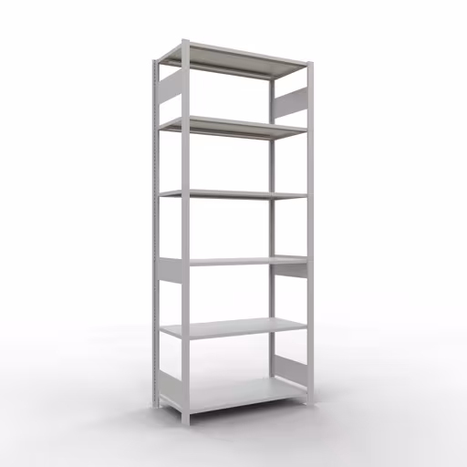 Basisplank, legplank, insteeksysteem MULTIplus85, 2500 x 1000 x 500 mm (HxBxD), 6 legborden, lengtestangen, RAL 7035 lichtgrijs, basisplank, art.nr. 33051-LR