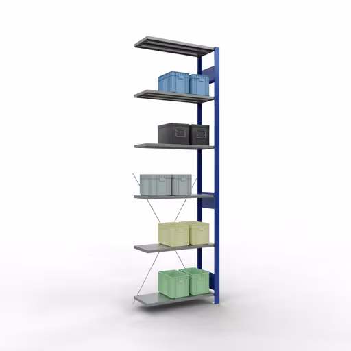 Extra afbeelding van het artikel Aanbouwplank, legplank MULTIplus150 insteeksysteem, 2500 x 750 x 300 mm, 6 legborden, kruisschoor, RAL 5010 gentiaanblauw/verzinkt/verzinkt vanaf opzetplank
