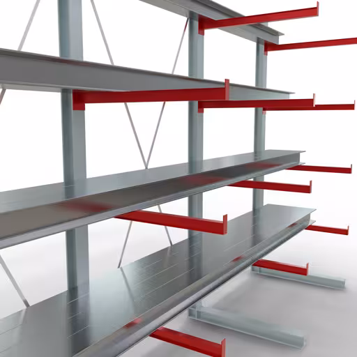 Productafbeelding nr. 10 van artikel K 6000 compleet legbord, eenzijdig, 3000 x 4500 x 1000 mm, RAL 7001 / RAL 3000, 5 opslagniveaus Afbeelding nr. 10 van artikel K 6000 complete stelling, eenzijdig, 3000 x 4500 x 1000 mm, RAL 7001 / RAL 3000, 5 opslagniveaus uit de productgroep draagarmstellingen van Schulte Lagertechnik