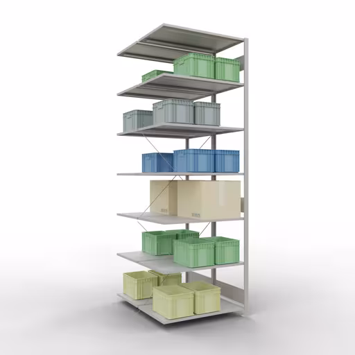 Aanbouwrekken, dubbele rekken, stellingsysteem MULTIplus150, 3000 x 1000 x (2x1200) mm (HxBxD), 2x7 planken, kruisschoor, RAL 7035 lichtgrijs met de GTIN 4058255035250 Aanbouwrekken, dubbele rekken, rekkensysteem MULTIplus150, 3000 x 1000 x (2x1200) mm, 2x7 planken, RAL 7035 lichtgrijs van Schulte Lagertechnik met het artikelnr. 32767