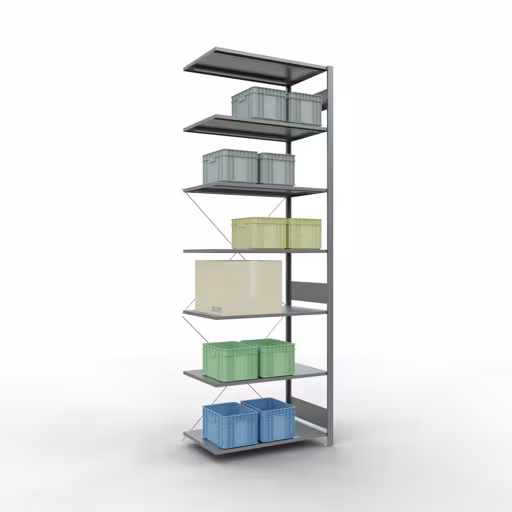 Productafbeelding nr. 15 van het artikel Aanbouwrekken, legbordstellingen, insteeksysteem MULTIplus150, 3000 x 1000 x 600 mm (HxBxD), 7 legborden, kruisschoor, verzinkt Figuur nr. 15 van het artikel aanbouwrekken, legbordstellingen, insteeksysteem MULTIplus150, 3000 x 1000 x 600 mm, 7 legborden, kruisschoor, verzinkt uit de productgroep insteeksysteem van Schulte Lagertechnik.