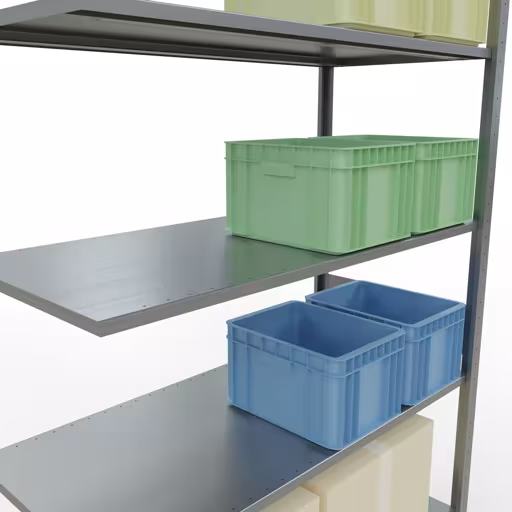 Aanbouwrekken, legborden, insteeksysteem MULTIplus150, 3000 x 1300 x 600 mm (HxBxD), 7 legborden, lengtestangen, verzinkt met GTIN 4004514281159 Aanbouwrekken, legbordstellingen, insteeksysteem MULTIplus150, 3000 x 1300 x 600 mm, 7 legborden, lengtestangen, verzinkt van Schulte Lagertechnik met artikelnr. 12767-130-LR