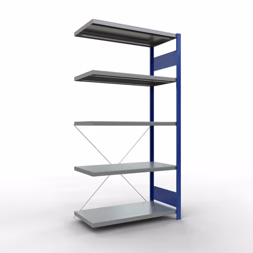 Aanbouwrekken, legbordstellingen, insteeksysteem MULTIplus250, 2000 x 1000 x 500 mm (HxBxD), 5 legborden, kruisschoor, RAL 5010 gentiaanblauw/verzinkt, aanbouwplank, art.nr. 12955-B