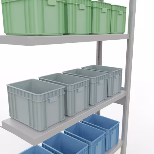 Extra afbeelding van het artikel aanbouwplank, stellingkast MULTIplus330 insteeksysteem, 2500 x 1000 x 300 mm (HxBxD), 6 legborden, kruisschoor, RAL 7035 lichtgrijs van aanbouwplank