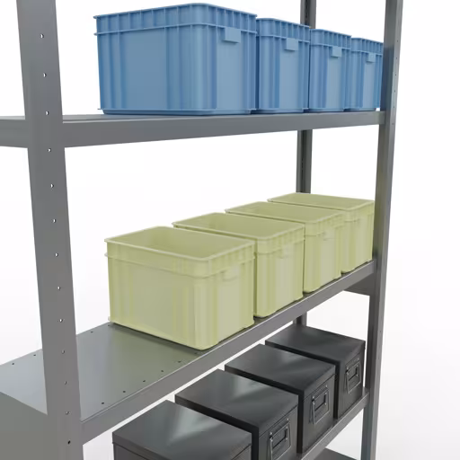 Productafbeelding nr. 13 van het artikel basisplank, legbord, insteeksysteem MULTIplus250, 2500 x 1300 x 300 mm (HxBxD), 6 legborden, lengtestangen, verzinkt Figuur nr. 13 van het artikel basisrek, legplank, insteeksysteem MULTIplus250, 2500 x 1300 x 300 mm, 6 legborden, lengtestangen, verzinkt uit de insteeksysteem productgroep van Schulte Lagertechnik.