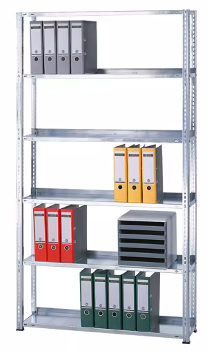 , kantoorreksysteem MULTIplus85 schroefsysteem, 2000 x 1300 x 300 mm, 6 legborden, verzinkt, met stopstrip van Schulte Lagertechnik uit het assortiment kantoorrekken