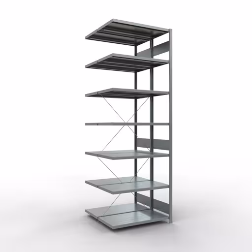 Aanbouwrekken, dubbele rekken, stellingsysteem MULTIplus250, 3000 x 1000 x (2x500) mm (HxBxD), 2x7 planken, kruisschoor, gegalvaniseerd van Schulte Lagertechnik Aanbouwrekken, dubbele rekken, stellingsysteem MULTIplus250, 3000 x 1000 x (2x500) mm (HxBxD), 2x7 legborden, kruisschoor, verzinkt, dubbele legborden, art.nr. 14257-A