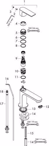 Technische Zeichnung 3988861 Hansgrohe REBRIS E 110 CoolStart ééngreeps wastafelmengkraan met metalen trekstang chroom