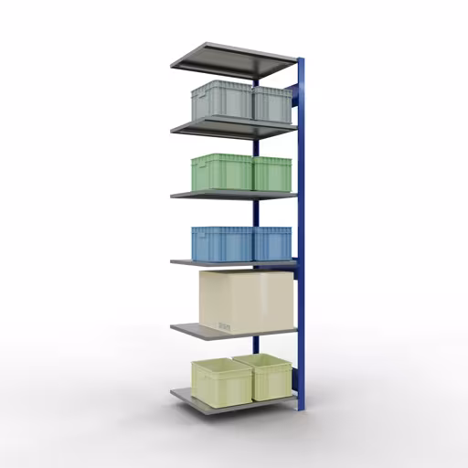 Aanbouwrekken, legbordstellingen, insteeksysteem MULTIplus150, 2500 x 750 x 600 mm, 6 legborden, RAL 5010 gentiaanblauw/verzinkt/verzinkt van Schulte Lagertechnik met artikelnr. 12766-75-LR-B