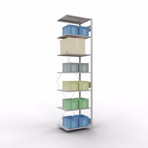 Aanbouwrekken, rekken, insteeksysteem MULTIplus150, 3000 x 750 x 600 mm (HxBxD), 7 planken, kruisschoor, RAL 7035 lichtgrijs met artikelnr. 32667-75 Aanbouwrekken, rekken, insteeksysteem MULTIplus150, 3000 x 750 x 600 mm, 7 planken, RAL 7035 lichtgrijs van Schulte Lagertechnik uit de categorie insteeksystemen