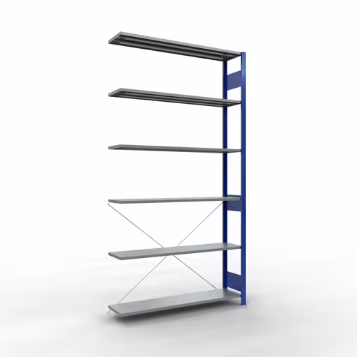Aanbouwrekken, rekken, insteeksysteem MULTIplus150, 2500 x 1300 x 300 mm (HxBxD), 6 legborden, kruisschoor, RAL 5010 gentiaanblauw/verzinkt, aanbouwplank, art.nr. 12736-130-B