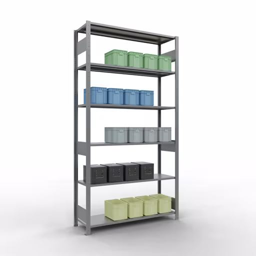 Basisplank, legbord, insteeksysteem MULTIplus150, 2500 x 1300 x 400 mm (HxBxD), 6 legborden, lengtestangen, verzinkt met GTIN 4058255012428 Basisplank, legbord, insteeksysteem MULTIplus150, 2500 x 1300 x 400 mm, 6 legborden, lengtestangen, verzinkt van Schulte Lagertechnik met het artikelnr. 12741-130-LR