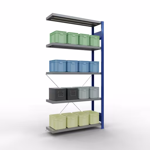 Aanbouwrekken, rekken, insteeksysteem MULTIplus250, 2000 x 1000 x 300 mm, 5 legborden, kruisschoor, RAL 5010 gentiaanblauw/verzinkt met GTIN 4004514282262 Aanbouwrekken, rekken, insteeksysteem MULTIplus250, 2000 x 1000 x 300 mm, 5 legborden, kruisschoor, RAL 5010 gentiaanblauw/verzinkt van Schulte Lagertechnik met artikelnr. 12935-B