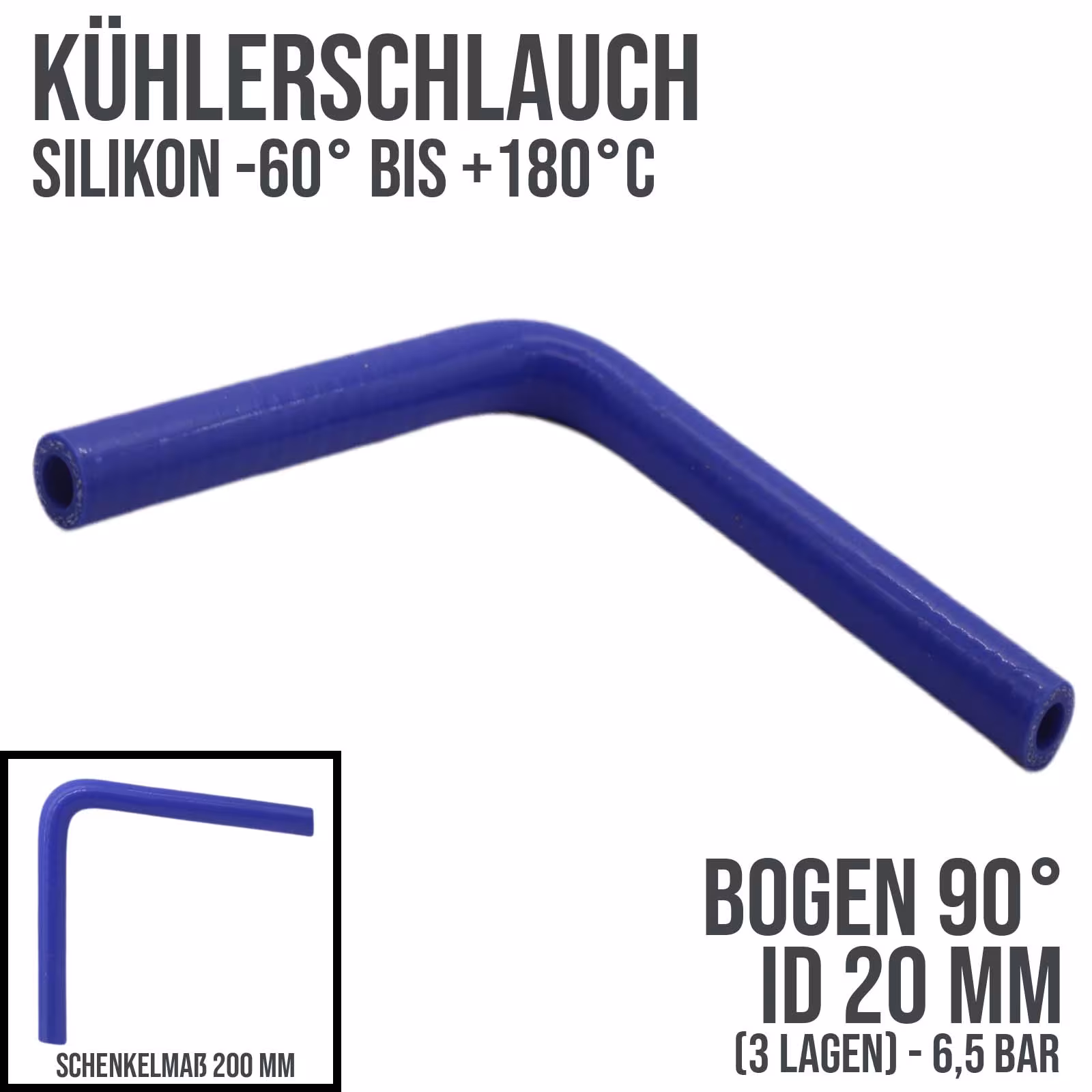 20 x 28 mm radiateurslang siliconen bocht 90° LLK inlaatlucht koelvloeistofslang blauw (6,5 bar) - 200 mm, koelwaterslangen, art.nr. KSB020-090-200GA