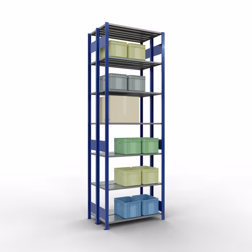 Andere weergave van het artikel Basisplank, dubbele plank, rekkensysteem MULTIplus150, 3000 x 1000 x (2x300) mm, 2x7 planken, lengtestangen, RAL 5010 gentiaanblauw uit de categorie rekken
