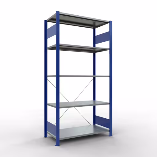 Basisplank, legplank, insteeksysteem MULTIplus85, 2000 x 1000 x 500 mm (HxBxD), 5 legborden, kruisschoor, RAL 5010 gentiaanblauw, basisplank, art.nr. 13150-B