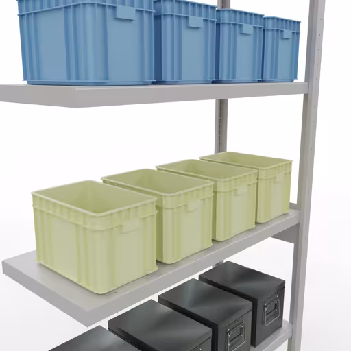 Figuur nr. 15 van het artikel aanbouwrekken, legbordstellingen, insteeksysteem MULTIplus330, 2500 x 1000 x 400 mm, 6 legborden, lengtestangen, RAL 7035 lichtgrijs uit de insteeksysteem productgroep van Schulte Lagertechnik.