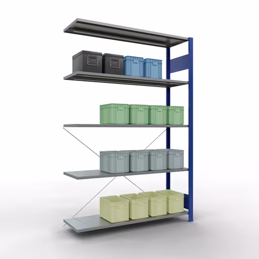 Productafbeelding nr. 14 van het artikel aanbouwplank, legplank, insteeksysteem MULTIplus150, 2000 x 1300 x 400 mm, 5 legborden, RAL 5010 gentiaanblauw/verzinkt uit het insteeksysteem-assortiment van Schulte Lagertechnik