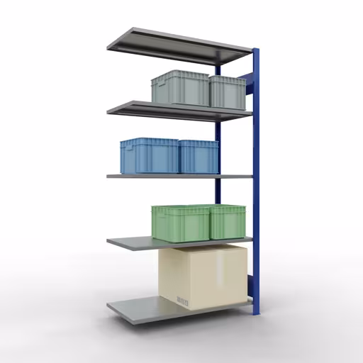 Productafbeelding nr. 14 van het artikel Aanbouwrekken, legbordstellingen, insteeksysteem MULTIplus85, 2000 x 1000 x 500 mm (HxBxD), 5 legborden, lengtestangen, RAL 5010 gentiaanblauw Figuur nr. 14 van het artikel aanbouwrekken, legbordstellingen, insteeksysteem MULTIplus85, 2000 x 1000 x 500 mm, 5 legborden, RAL 5010 gentiaanblauw uit de productgroep insteeksysteem van het merk Schulte Lagertechnik.