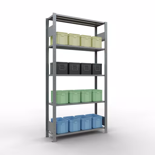 Basisplank, legbord, insteeksysteem MULTIplus150, 2000 x 1000 x 300 mm (HxBxD), 5 legborden, lengtestangen, verzinkt met artikelnr. 12730-LR Basisplank, legplank, insteeksysteem MULTIplus150, 2000 x 1000 x 300 mm, 5 legborden, lengtestangen, verzinkt van Schulte Lagertechnik uit de categorie insteeksystemen