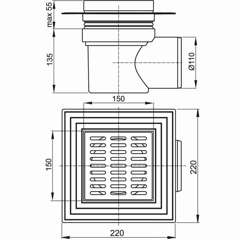 AlcaPlast APV vloerafvoer | Douchegoot met sifon DN100 RVS rooster 150x150 mm horizontaal van AlcaPlast Vloerafvoeren 150x150mm, vloerafvoeren, artikelnr. APV12