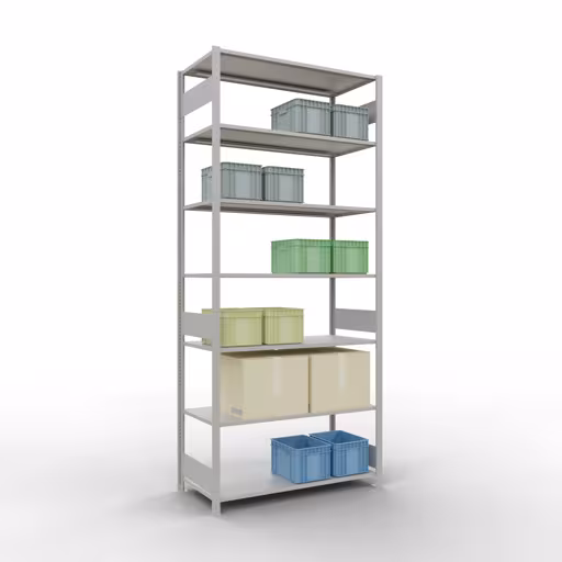 Extra afbeelding van het artikel Basisplank, legbord, insteeksysteem MULTIplus150, 3000 x 1300 x 600 mm, 7 legborden, lengtestangen, RAL 7035 lichtgrijs Extra afbeelding van het artikel Basisplank, legplank, insteeksysteem MULTIplus150, 3000 x 1300 x 600 mm, 7 legborden, lengtestangen, RAL 7035 lichtgrijs van basisplank