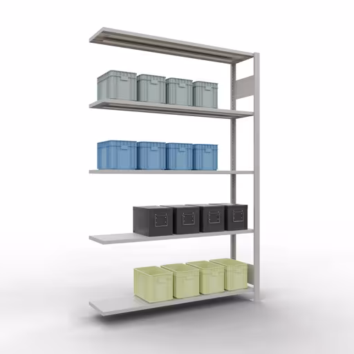 Andere weergave van het artikel Aanbouwrekken, legbord, insteeksysteem MULTIplus150, 2000 x 1300 x 300 mm, 5 legborden, RAL 7035 lichtgrijs uit de categorie aanbouwplanken