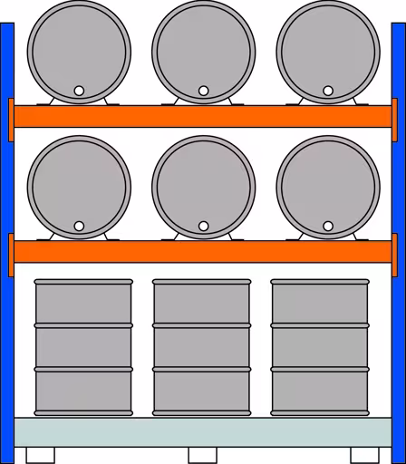 , vatenrek, 2500 x 2225 x 800 mm, blauw/verzinkt/RAL 2004, 2 niveaus voor elk 3 liggende vaten van 200 l; 1 vloerbak 2205 x 1100 mm van Schulte Lagertechnik uit het assortiment palletstellingen