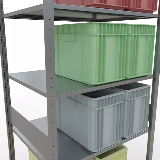 Basisstelling, legbordstelling, insteeksysteem MULTIplus150, 3000 x 1000 x 800 mm (HxBxD), 7 legborden, lengtestangen, verzinkt met GTIN 4004514281456 Basisplank, legbord, insteeksysteem MULTIplus150, 3000 x 1000 x 800 mm, 7 legborden, lengtestangen, verzinkt van Schulte Lagertechnik met het artikelnr. 12782-LR