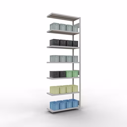 Productafbeelding nr. 14 van het artikel Aanbouwrekken, legbordstellingen, insteeksysteem MULTIplus330, 3000 x 1000 x 400 mm (HxBxD), 7 legborden, lengtestangen, RAL 7035 lichtgrijs Figuur nr. 14 van het artikel aanbouwrekken, legbordstellingen, insteeksysteem MULTIplus330, 3000 x 1000 x 400 mm, 7 legborden, lengtestangen, RAL 7035 lichtgrijs uit de insteeksysteem productgroep van Schulte Lagertechnik.